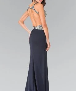 Elizabeth K - GL1473 Embellished Halter Neckline Jersey Gown