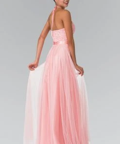 Elizabeth K - GL1475 Embroidered Illusion Halter Gown