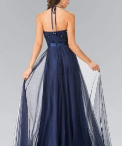 Elizabeth K - GL1475 Embroidered Illusion Halter Gown
