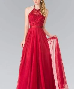 Elizabeth K - GL1475 Embroidered Illusion Halter Gown