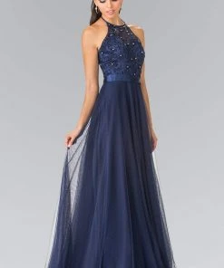 Elizabeth K - GL1475 Embroidered Illusion Halter Gown