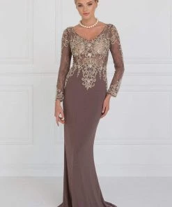 Formal Gowns Elizabeth K - GL1502 Jewel Embellished Long Sleeves Fitted Dress 9 Formal Gowns Elizabeth K - GL1502 Jewel Embellished Long Sleeves Fitted Dress