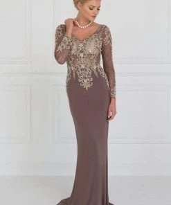 Formal Gowns Elizabeth K - GL1502 Jewel Embellished Long Sleeves Fitted Dress 8 Formal Gowns Elizabeth K - GL1502 Jewel Embellished Long Sleeves Fitted Dress