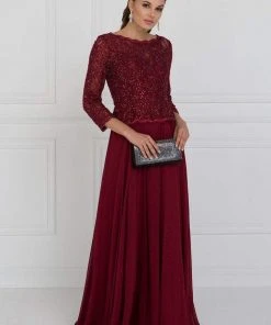 Formal Gowns Elizabeth K - GL1509 Scalloped Quarter Sleeve Lace Bodice A-Line Gown