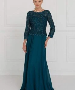 Formal Gowns Elizabeth K - GL1509 Scalloped Quarter Sleeve Lace Bodice A-Line Gown
