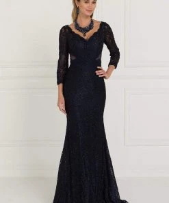 Formal Gowns Elizabeth K - GL1532 Lace Wide V-neck Sheath Dress