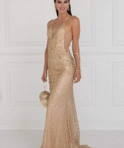 Elizabeth K - GL1546 Embellished Deep V-neck Sheath Dress Formal Gowns