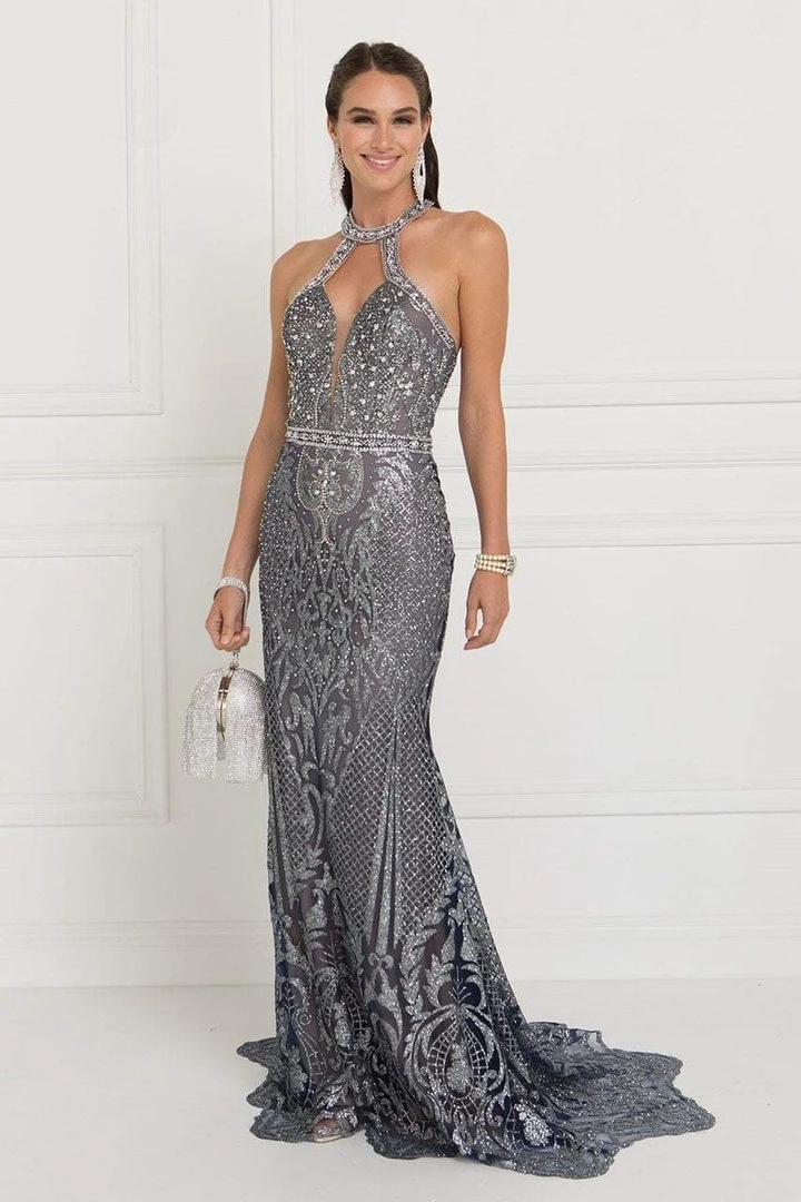 Formal Gowns Elizabeth K - GL1549 Plunging Cutout High Halter Metallic Beaded Gown 3 Formal Gowns Elizabeth K - GL1549 Plunging Cutout High Halter Metallic Beaded Gown