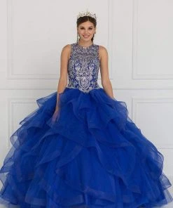Elizabeth K - GL1553 Bejeweled Ruffled Ballgown With Sheer Bolero