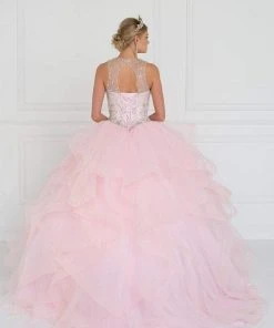 Elizabeth K - GL1553 Bejeweled Ruffled Ballgown With Sheer Bolero