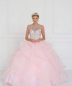 Elizabeth K - GL1553 Bejeweled Ruffled Ballgown With Sheer Bolero