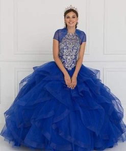 Elizabeth K - GL1553 Bejeweled Ruffled Ballgown With Sheer Bolero