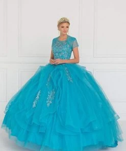 Elizabeth K - GL1557 Embroidered Illusion Bateau Ballgown With Bolero