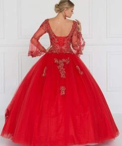 Elizabeth K - GL1561 Embellished Sheer Long Bell Sleeve Ballgown