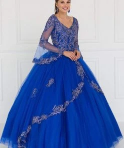 Elizabeth K - GL1561 Embellished Sheer Long Bell Sleeve Ballgown