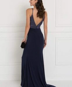 Elizabeth K - GL1562 Beaded V-neck Jersey Sheath Dress 11 Elizabeth K - GL1562 Beaded V-neck Jersey Sheath Dress