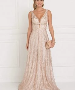 Elizabeth K - GL1575 Sequined Deep V-neck Organza A-line Dress Formal Gowns