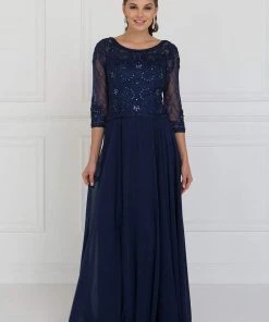 Elizabeth K - GL1580 Quarter Sleeve Jeweled Soutache Illusion Gown Formal Gowns