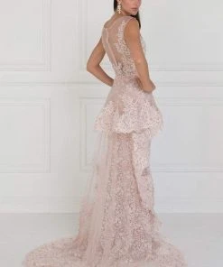 Elizabeth K - GL1582 Cap Sleeve Illusion Paneled Lace Overskirt Gown Formal Gowns