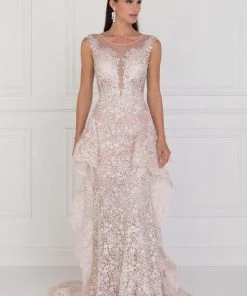 Elizabeth K - GL1582 Cap Sleeve Illusion Paneled Lace Overskirt Gown Formal Gowns