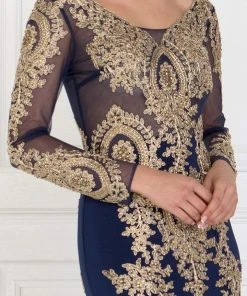 Elizabeth K - GL1597 Illusion Long Sleeve Gilded Lace Sheath Gown