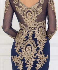 Elizabeth K - GL1597 Illusion Long Sleeve Gilded Lace Sheath Gown