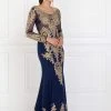 Elizabeth K - GL1597 Illusion Long Sleeve Gilded Lace Sheath Gown