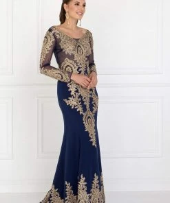 Elizabeth K - GL1597 Illusion Long Sleeve Gilded Lace Sheath Gown