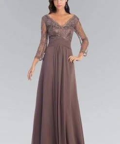 Elizabeth K - GL2015 Lace V-Neck Long Sleeve Gown Formal Gowns