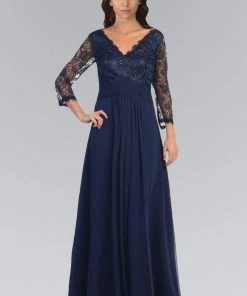 Elizabeth K - GL2015 Lace V-Neck Long Sleeve Gown Formal Gowns