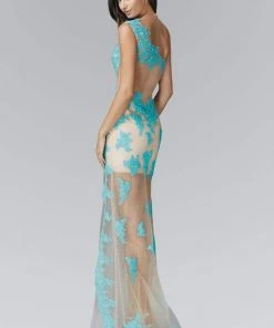 Elizabeth K - GL2051 Laced Asymmetrical Neck Mesh Gown Formal Gowns