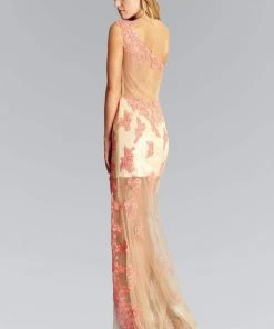 Elizabeth K - GL2051 Laced Asymmetrical Neck Mesh Gown Formal Gowns