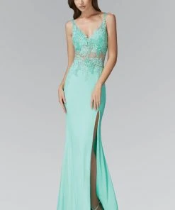 Formal Gowns Elizabeth K - GL2052 Sheer Lace Applique Sheath Gown