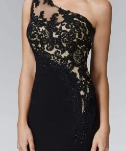 Formal Gowns Elizabeth K - GL2066 Appliqued Asymmetrical Illusion Long Gown