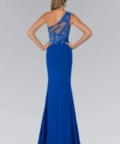 Formal Gowns Elizabeth K - GL2066 Appliqued Asymmetrical Illusion Long Gown