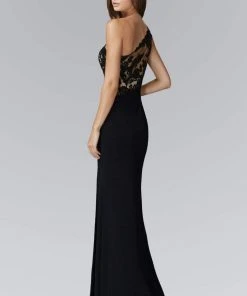 Formal Gowns Elizabeth K - GL2066 Appliqued Asymmetrical Illusion Long Gown