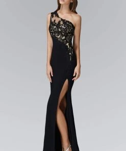 Formal Gowns Elizabeth K - GL2066 Appliqued Asymmetrical Illusion Long Gown
