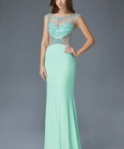 Elizabeth K - GL2082 Bejeweled Sheer Bodice And Back Sheath Gown