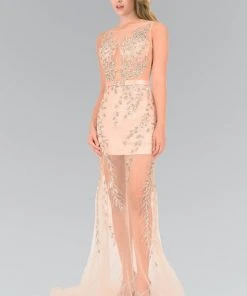 Formal Gowns Elizabeth K - GL2087 Illusion Bateau Neckline With Sheer Skirt Gown