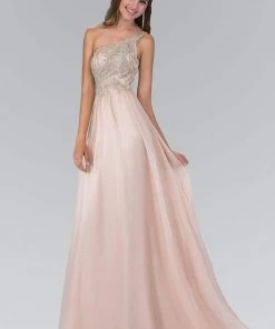 Elizabeth K - GL2094 Bead Embellished Asymmetric Neck Chiffon Gown