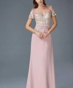 Elizabeth K - GL2100 Lace Embellished Illusion Jewel Neck Dress