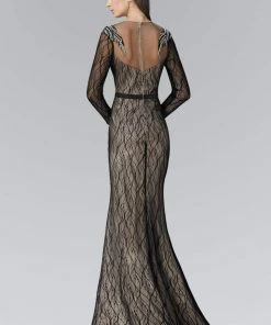 Elizabeth K - GL2102 Embellished Lace With Sheer Long Sleeve Gown Formal Gowns