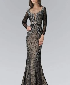 Elizabeth K - GL2102 Embellished Lace With Sheer Long Sleeve Gown Formal Gowns