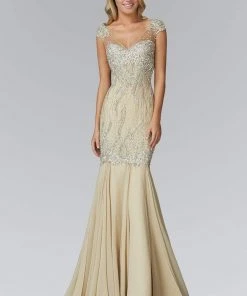 Elizabeth K - GL2123 Beaded Sheer Cap Sleeve Trumpet Gown Formal Gowns