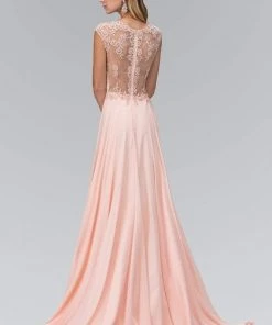 Elizabeth K - GL2136 Laced Bateau Neck A-Line Chiffon Dress Formal Gowns