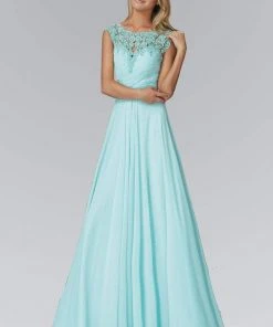 Elizabeth K - GL2136 Laced Bateau Neck A-Line Chiffon Dress Formal Gowns