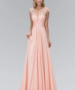Elizabeth K - GL2136 Laced Bateau Neck A-Line Chiffon Dress Formal Gowns