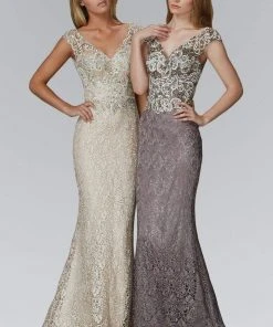 Formal Gowns Elizabeth K - GL2138 Embroidered V-Neck Mermaid Gown