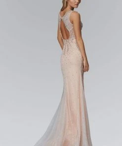 Elizabeth K - GL2154 Jewel Embellished Bateau Neckline Gown
