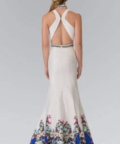 Formal Gowns Elizabeth K - GL2218 Embellished High Neck Floral Print Gown